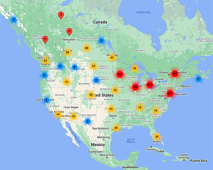 Map showing different venue locations